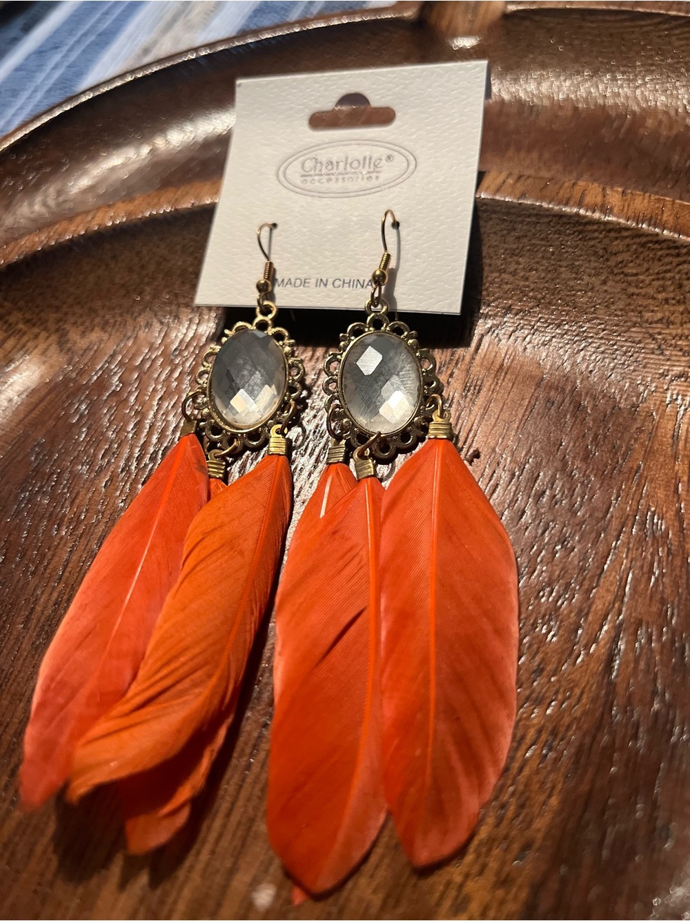 Charlotte Accessories Orange Feather Dangle Earrings with Faceted Accent